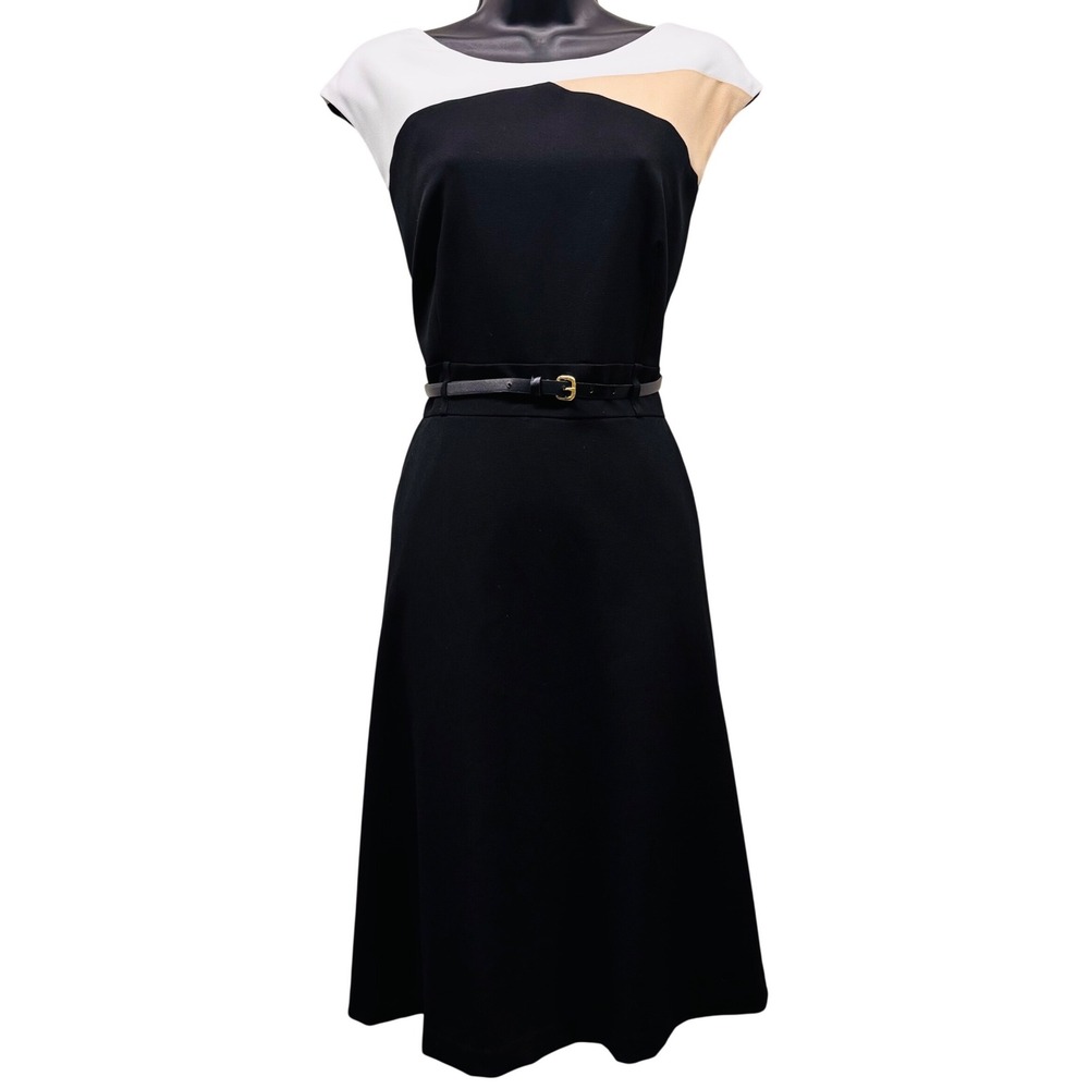 Calvin Klein Colorblock Belted Fit and Flare Dress Black White Tan Womens 10